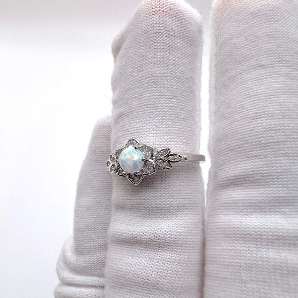 .925 Sterling Silver Lab Created White Opal Floral Ring - Picture 16 of 16